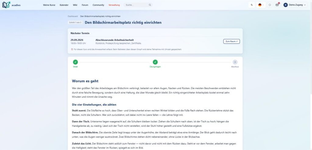 Kursmodul in acadivo mit Inhalt, Übungsfragen und Abschluss als Schrittfolge