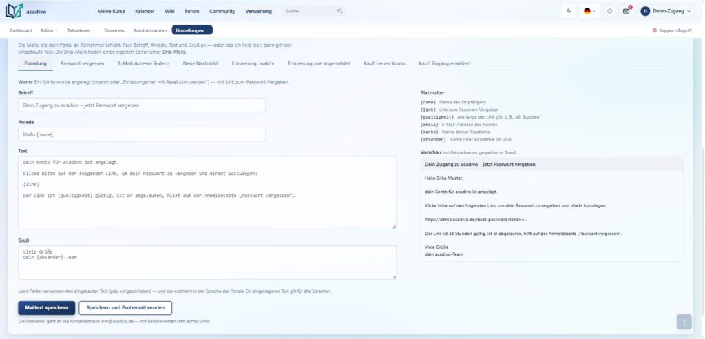 Mailtext-Editor in acadivo mit Betreff, Anrede, Text, Platzhaltern und Vorschau