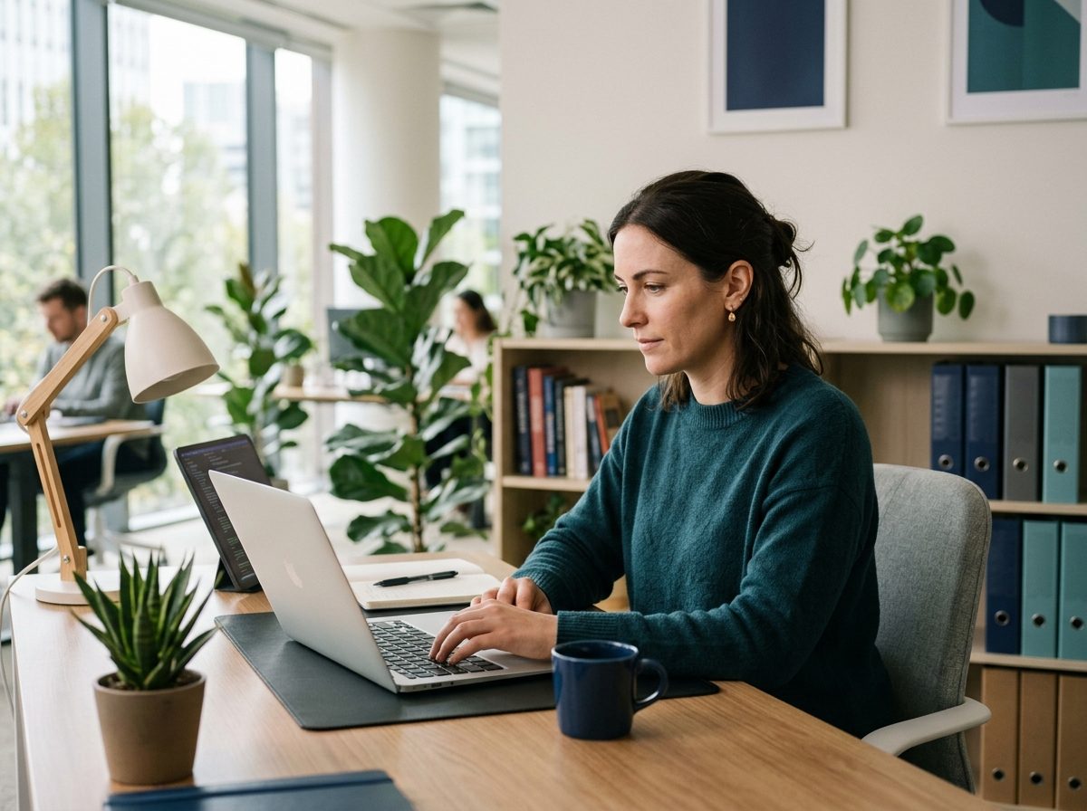 Frau arbeitet konzentriert am Laptop in einem hellen Büro