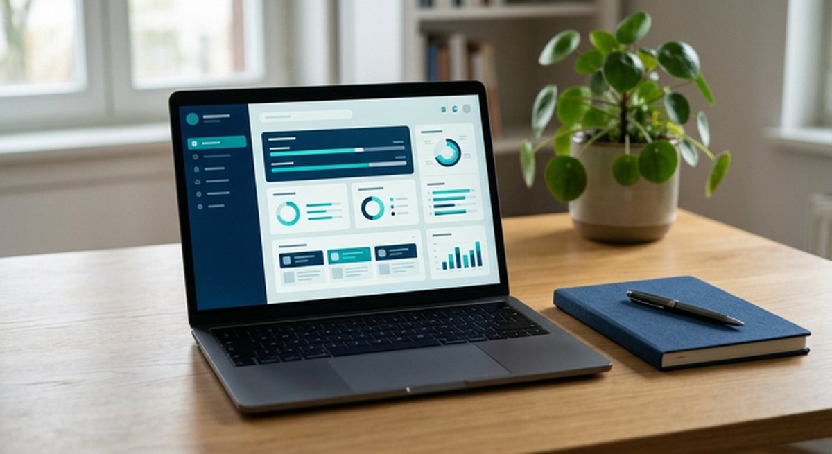 Laptop mit dem Dashboard einer Lernplattform auf einem aufgeräumten Schreibtisch